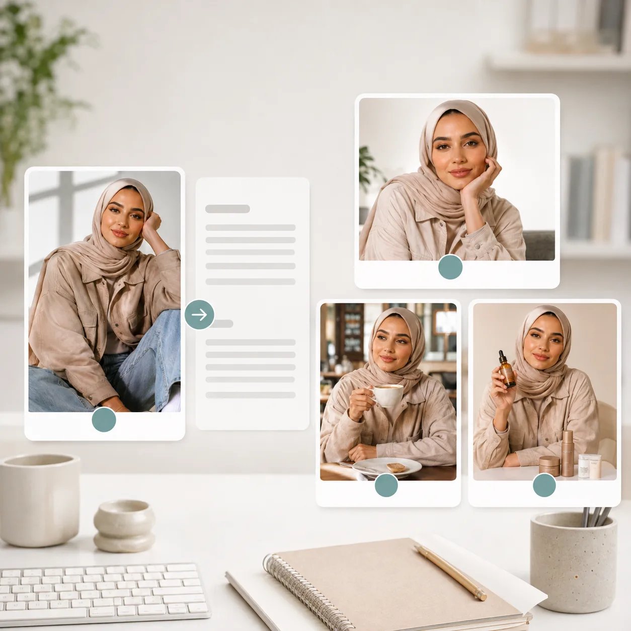 Reference-based AI influencer generator comparison showing one persona turned into multiple SFW generated results