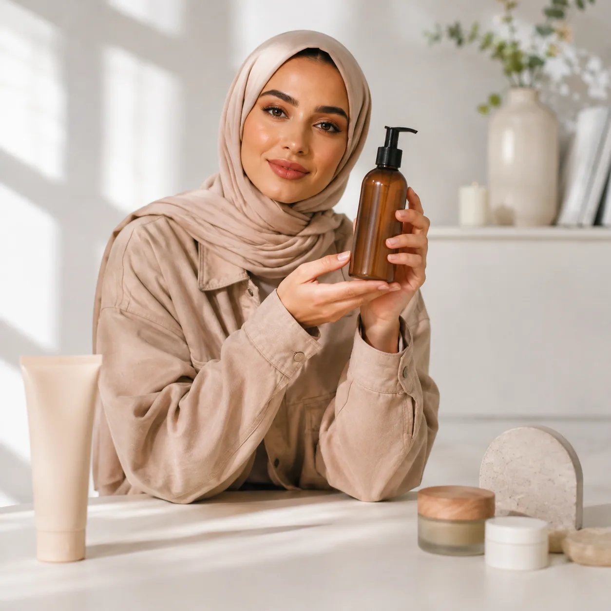 SFW AI influencer UGC product still with a modest virtual persona holding an unbranded bottle