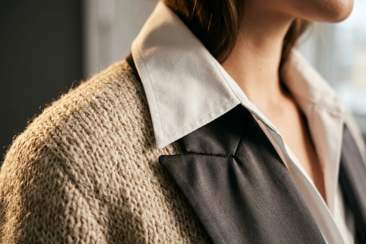 Photorealistic garment fabric macro weave showing fine wool knit and silk satin textures without artificial sheen