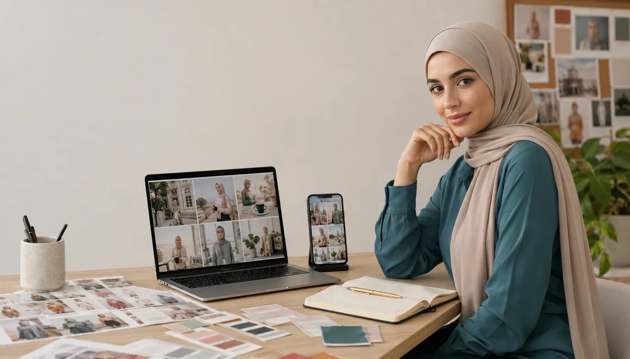 SFW AI influencer generator workspace with a virtual persona, social image grid, prompt notes, and reference visuals