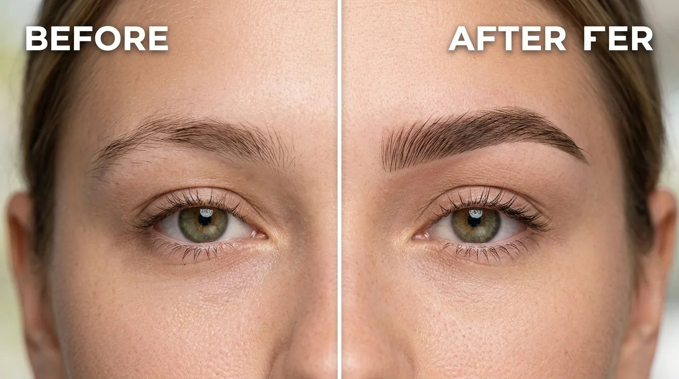 Side-by-side comparison of sparse natural eyebrows transformed into feathered microbladed brow shape with fine hair strokes