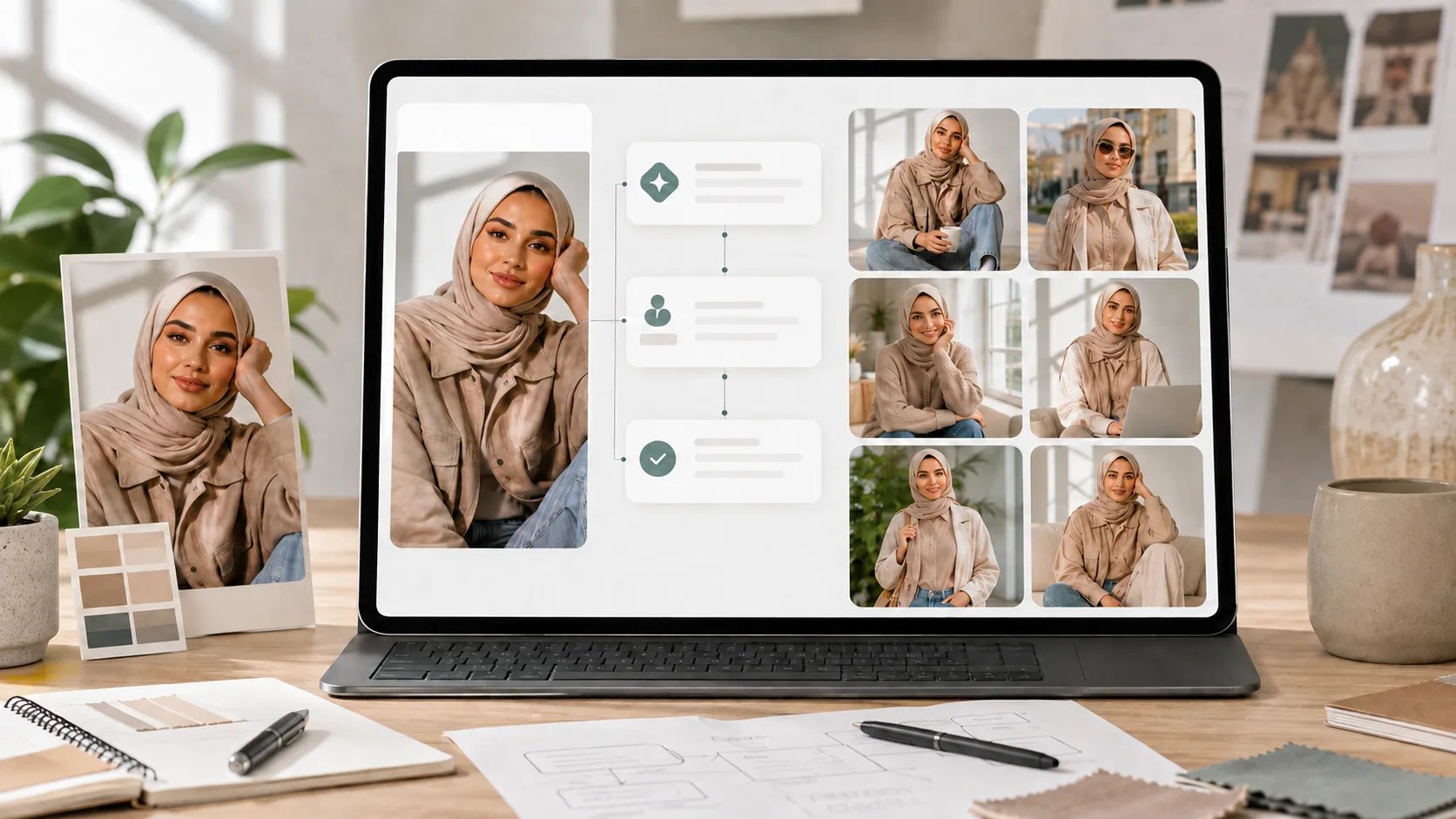 AI influencer generator workflow showing one reference persona connected to multiple consistent SFW lifestyle outputs